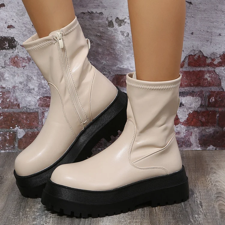 Round Toe Platform Sock Ankle Boots Lug Sole Zip Up Booties