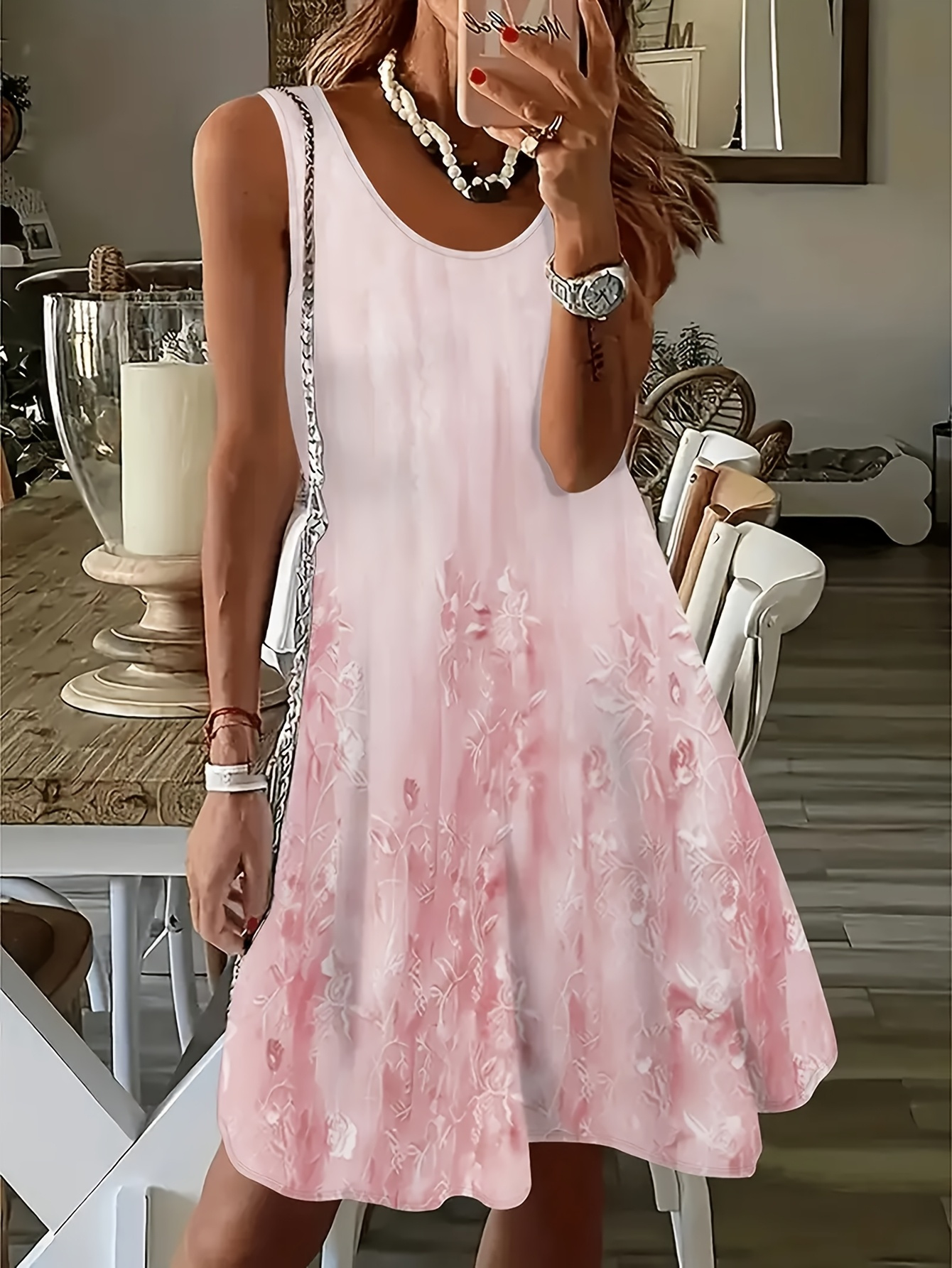 Womens Gradient Mint Green Tie-Dye Floral Print Sleeveless A-Line Dress Lightweight | IFYHOME