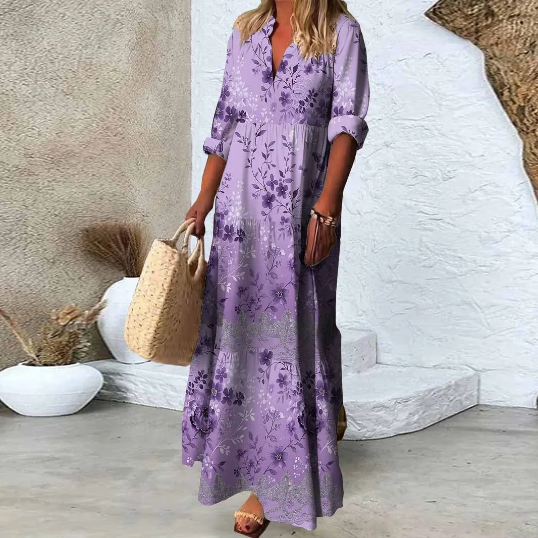 Women Floral, Butterfly, Purple DZDN1051 SPU Printed Long Sleeve V-neck Maxi Dress
