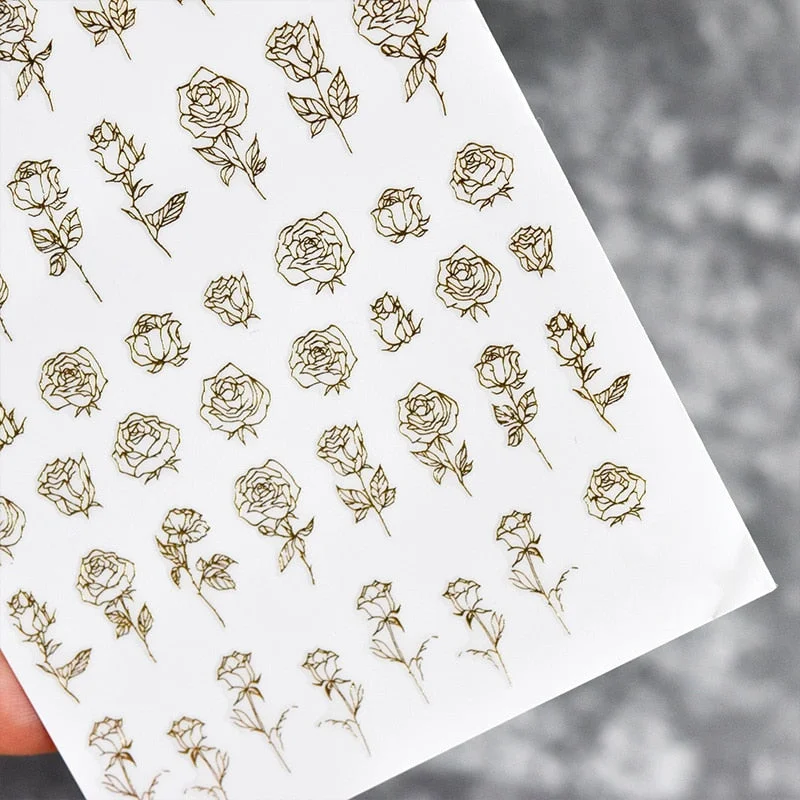 3D Nail Stickers Pro Golden Rose Design Transfer Sliders Blue Blooming Marble Series Nail Art Decal Sliders Decoration