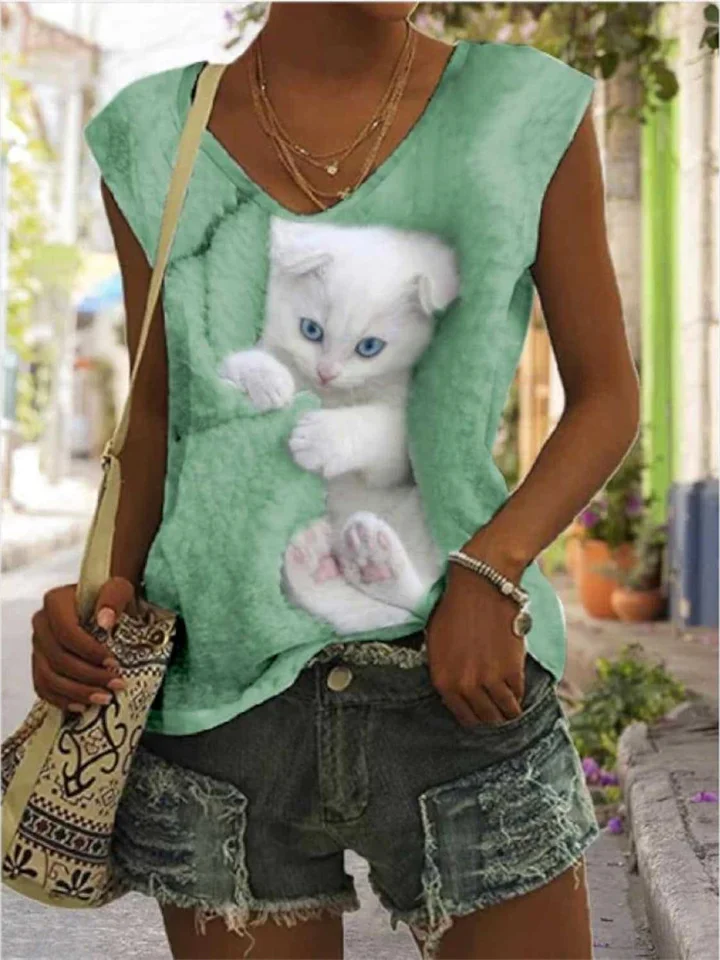 Women's T-shirt Cat Print Sleeveless Casual Everyday Basic V-neck Green Pink Purple White-Mixcun