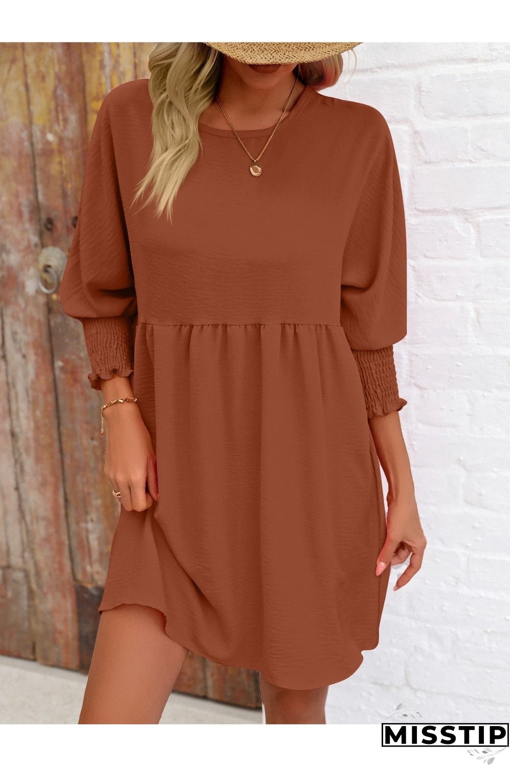 Round Neck Lantern Sleeve Mini Dress
