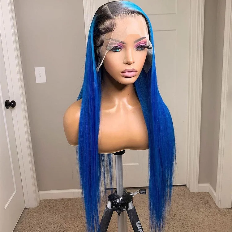 Black Roots Electric Blue Colored Lace Front Wig