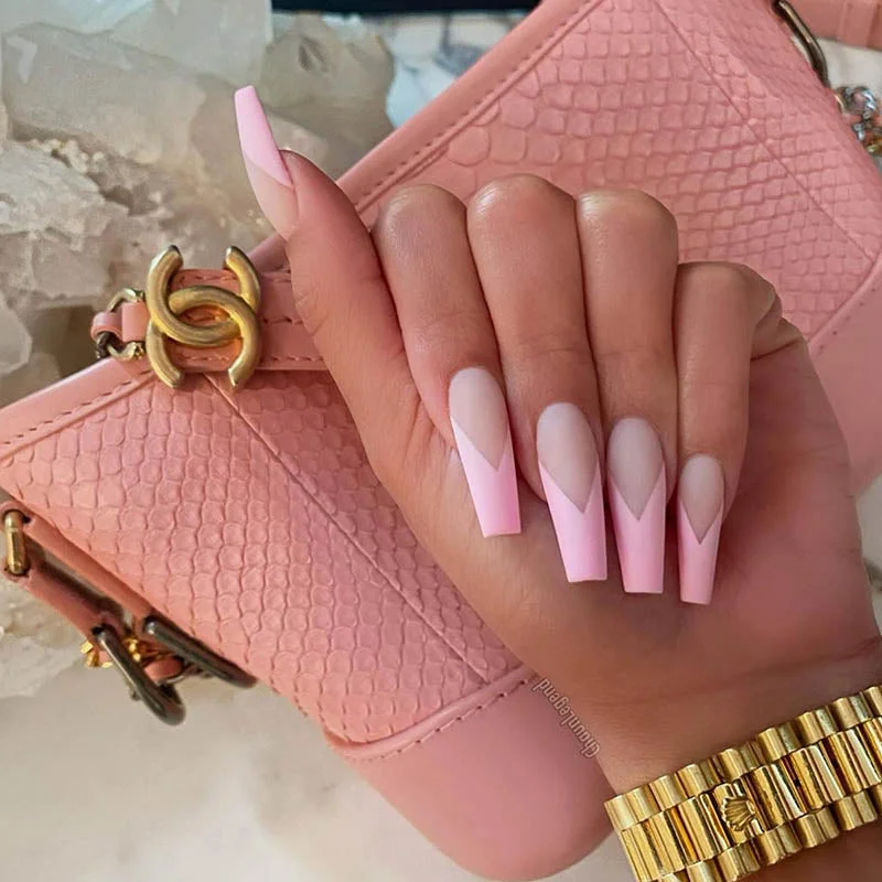 24pcs Fake long fingernail Ballet Nude color transparent Pink cloud Manicure patch press on nails with designs for girls sticker-Nail Inspo