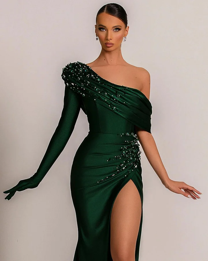 Emerald Green Evening Dress One Shoulder With Pearl Split YL0148
