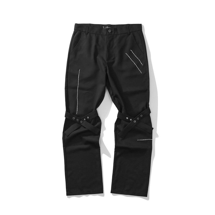 Solid Color Ribbon Straight-Leg Pants Men's Casual Pants plus Size Retro Sports Trendy High Street Trousers Men Pants