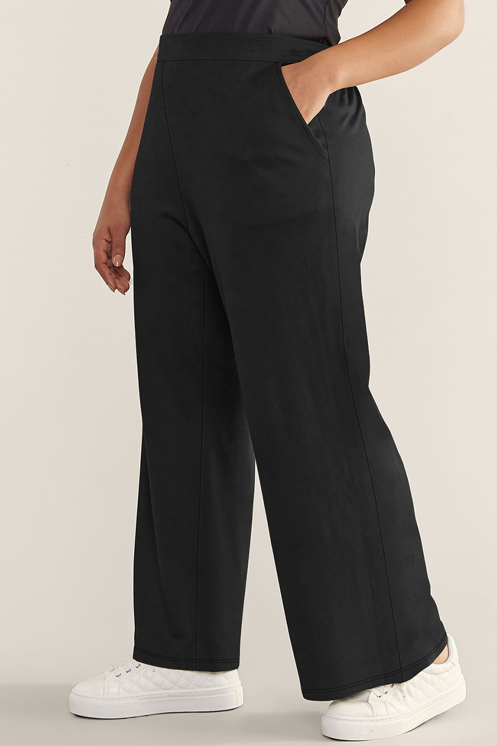 Plus Size Casual Black Elastic Waist Pocket Straight Leg Pants 2024 - Flycurvy 
