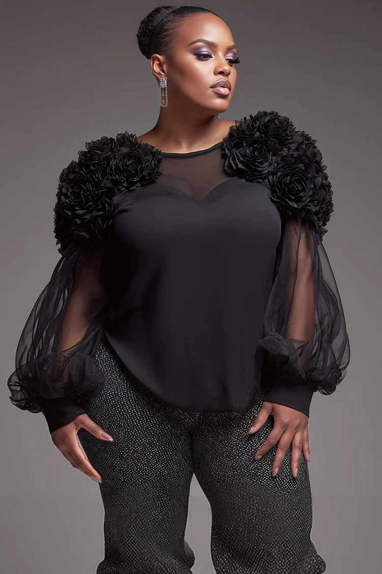 Xpluswear Design Plus Size Cocktail Party Black Round Neck Puff Sleeve Long Sleeve See Through Casual 3D Chiffon Blouses 2024 - Xpluswear