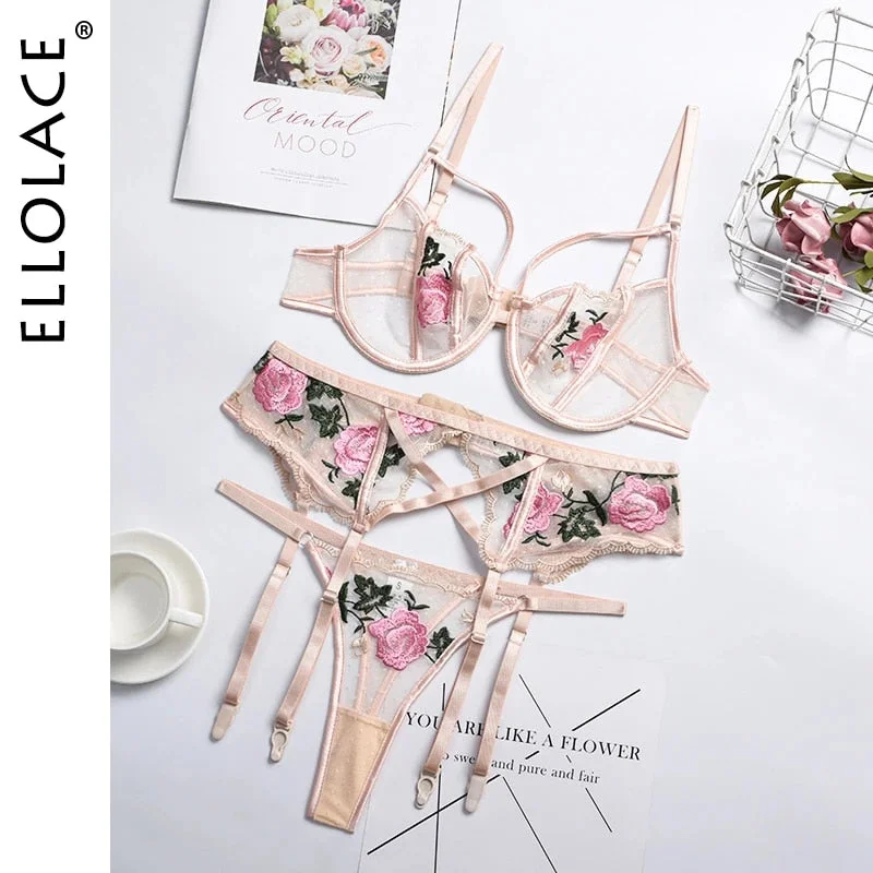 Ellolace Lingeie Women's Underwear Floral Embroidery Transparent Bralette Lingerie Set Sexy Female Underwear for Women Bra Set