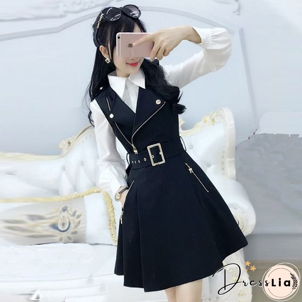 Autumn Design Dress Women V Neck Belt Casual Lady Dress Sleeveless Korean Fashion Black Dress Office Style Clothes New