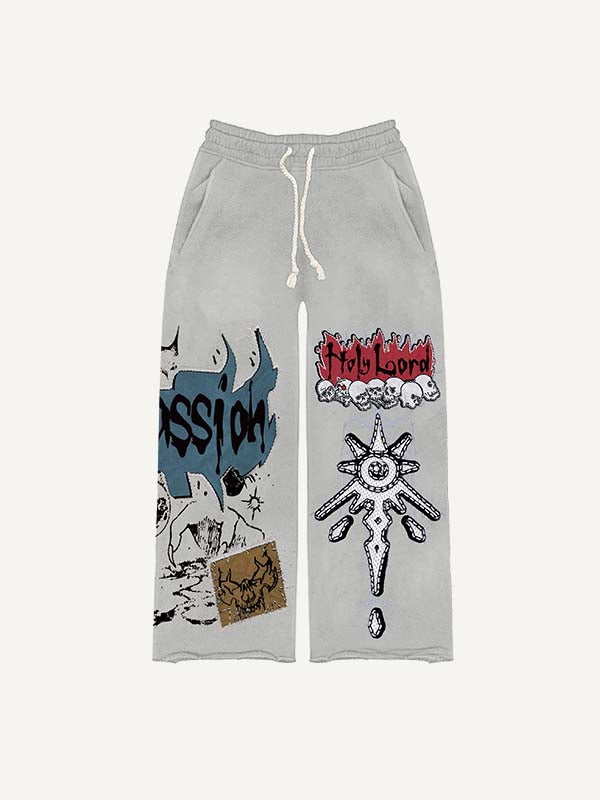 Skull&Graphic Faux Decal Print Elastic Waist Pants
