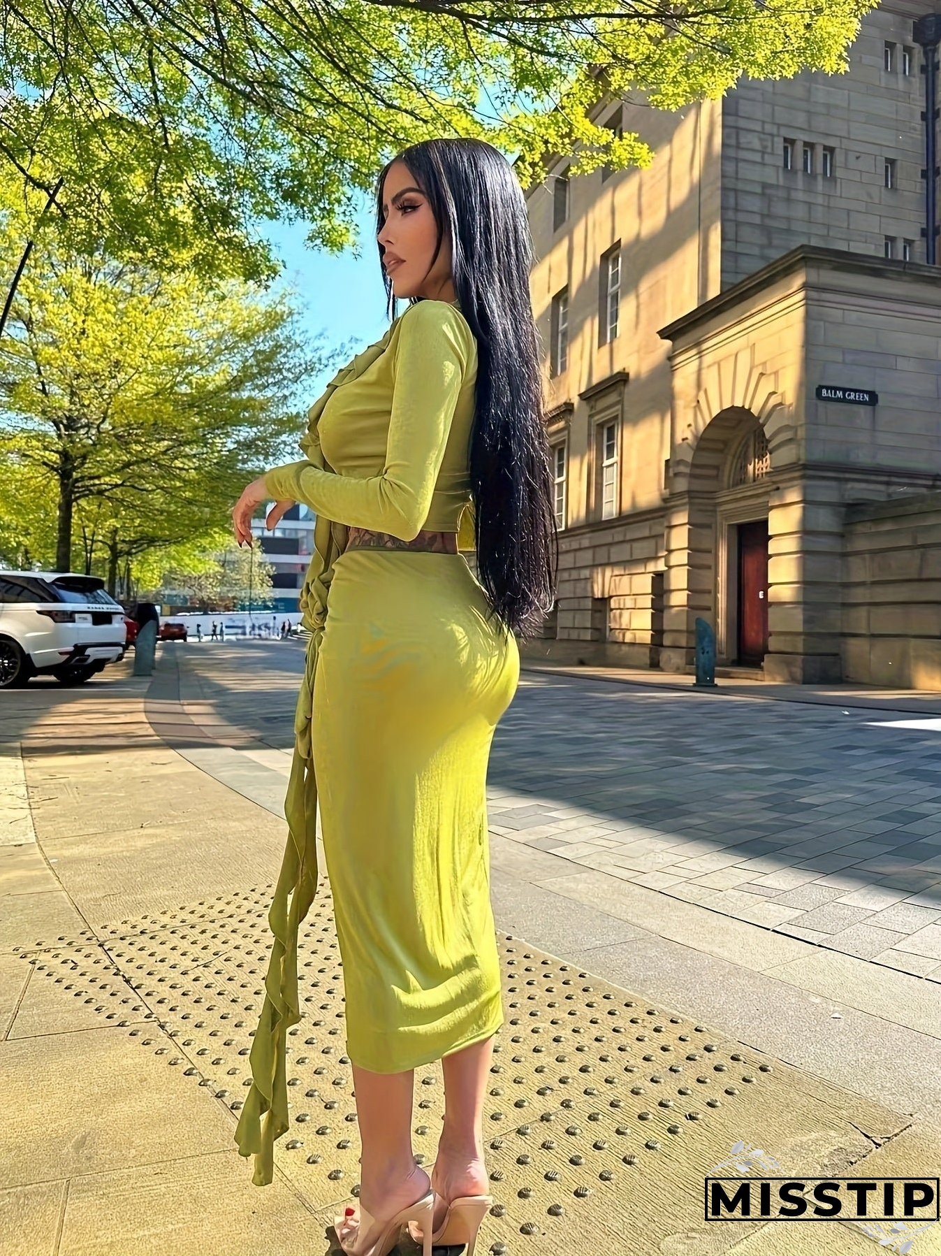 Sexy Ruffle Trim Slim Skirt Set, Long Sleeve Crop Top & Velvet Bodycon Skirt Outfits, Women's Clothing