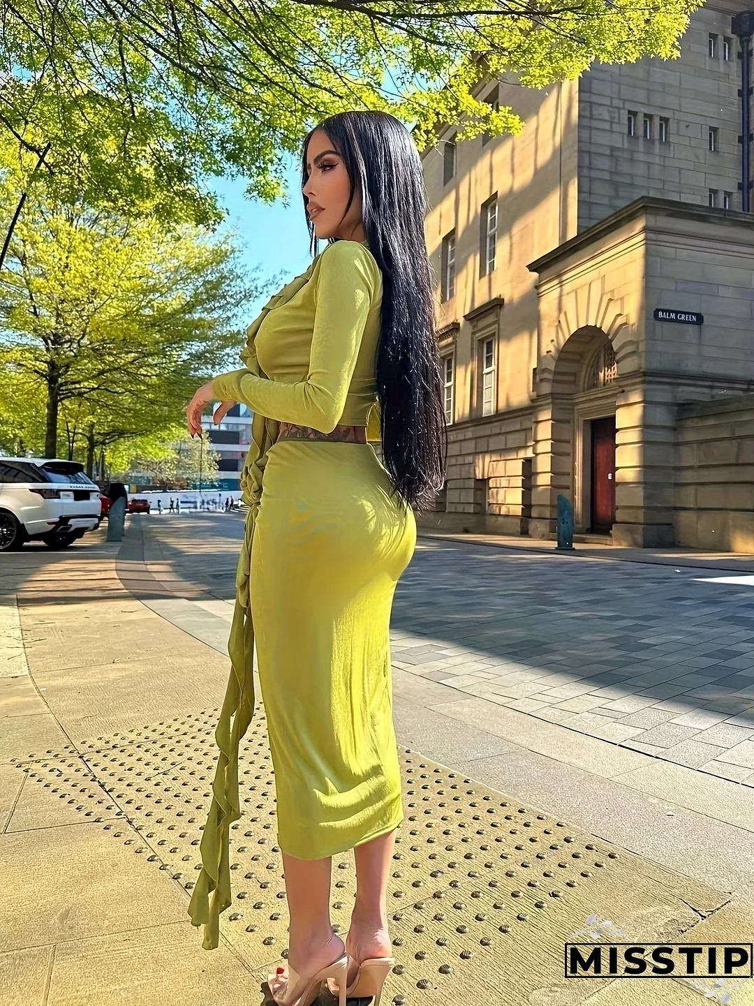 Sexy Ruffle Trim Slim Skirt Set, Long Sleeve Crop Top & Velvet Bodycon Skirt Outfits, Women's Clothing