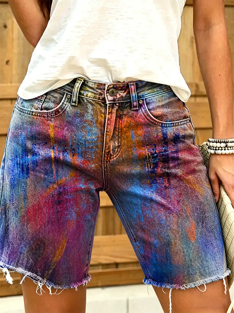 Women's Graffiti Tie-Dye Print Denim Bermuda Shorts