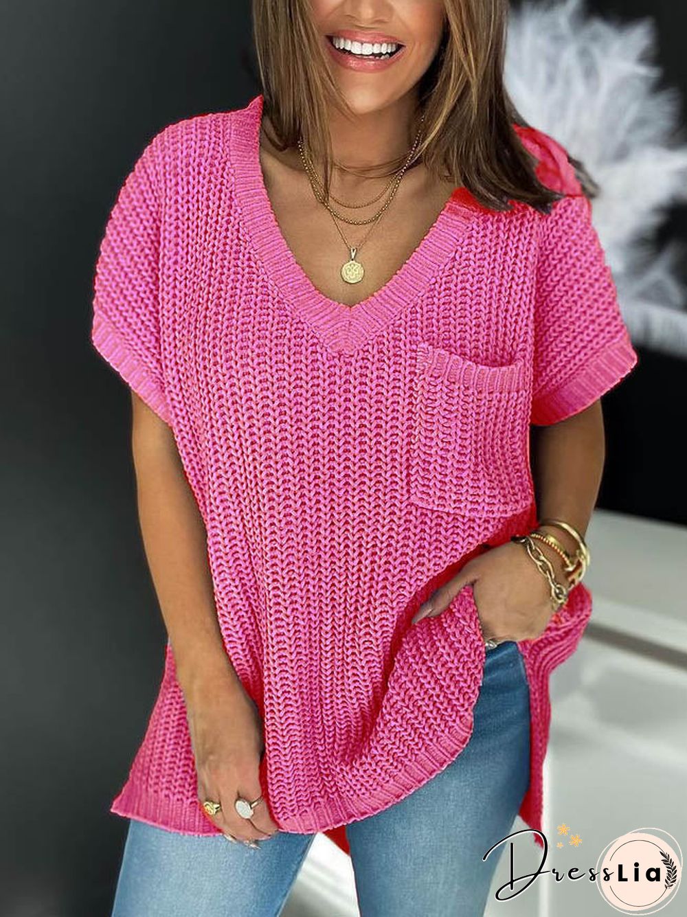 Short Sleeve V Neck Mesh Loose T-Shirt Top