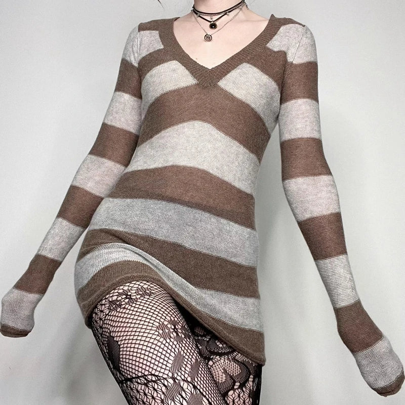 y2k Grunge Striped Knitted V Neck Sweater Dress for Women Mall Goth Emo Vintage Mini Dress Fall Winter Slim Fit Jumpers Aiertu
