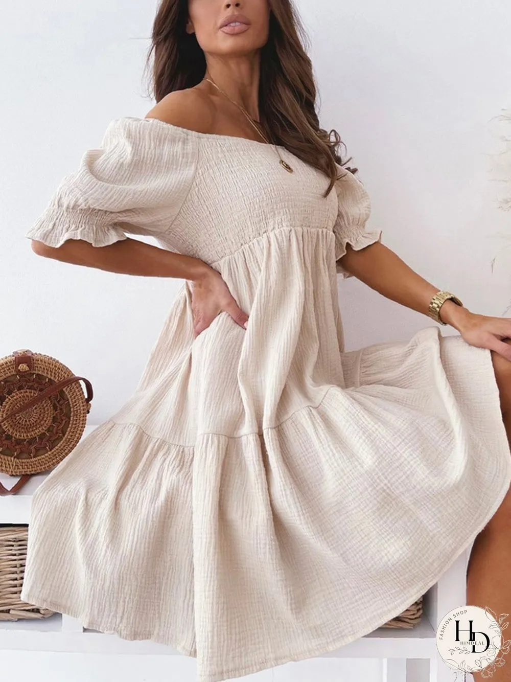 Solid Off-Shoulder Pleated Mini Dress P15230