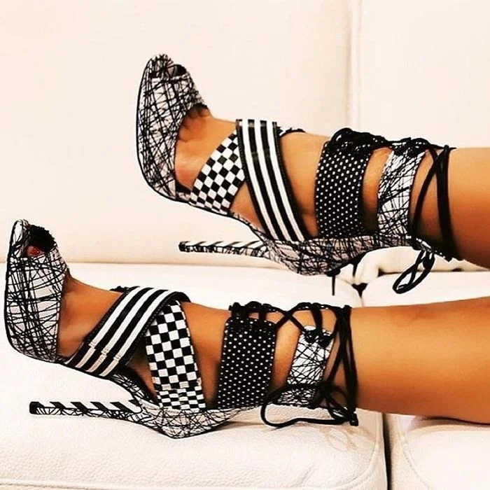 Black and White Lace up Sandals Peep Toe Stiletto Heels for Women |FSJ Shoes