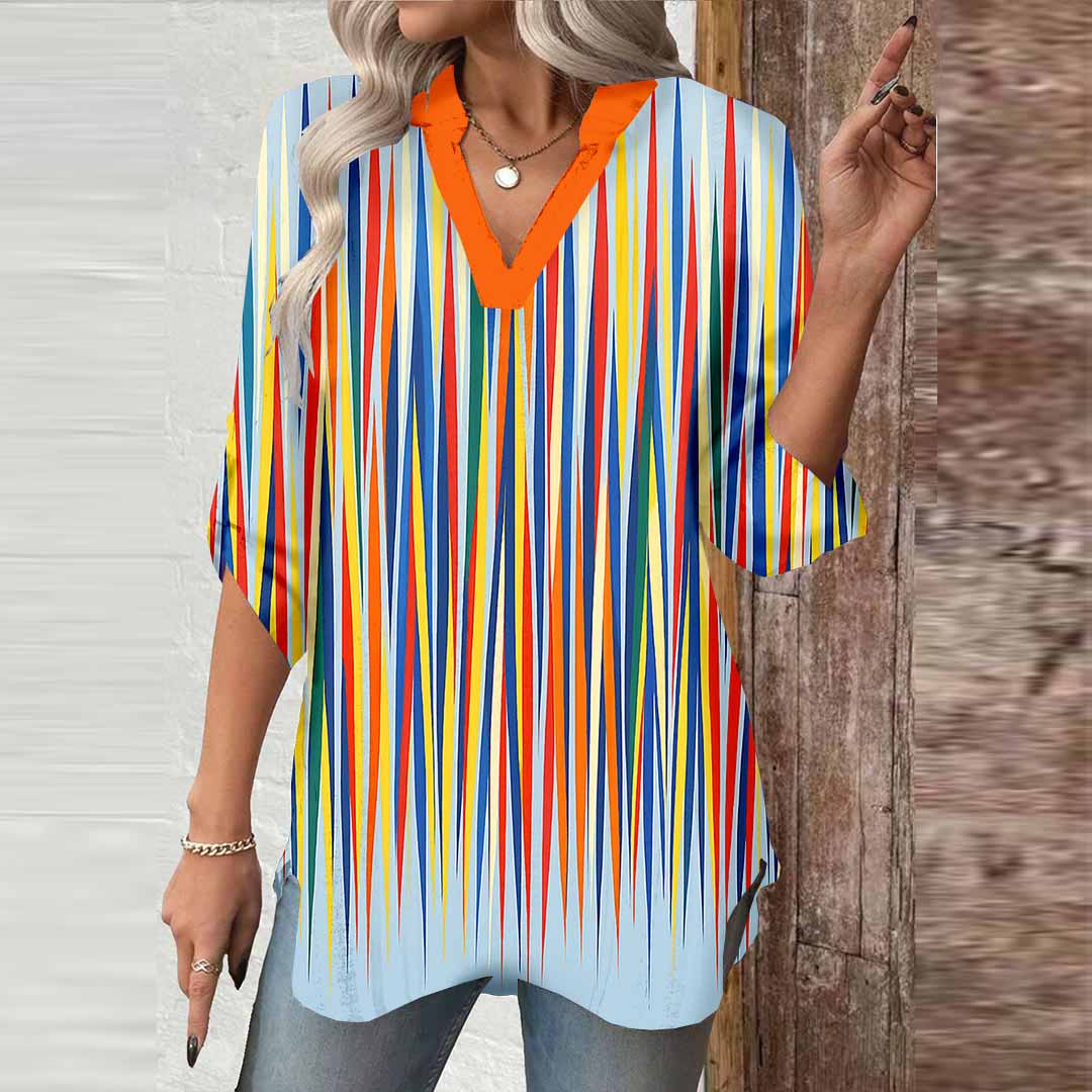 Women Striped,Blue DZGA0008 3/4 Sleeve V-neck Printed Graphic Button Tops
