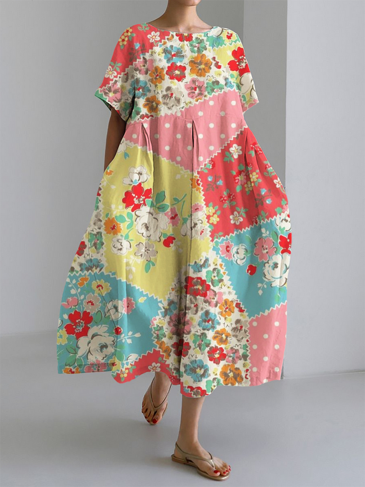Women's retro floral patchwork printed long hem dress socialshop
