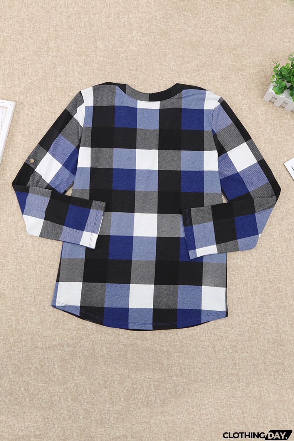 Contrast Plaid V Neck Long Sleeve Top