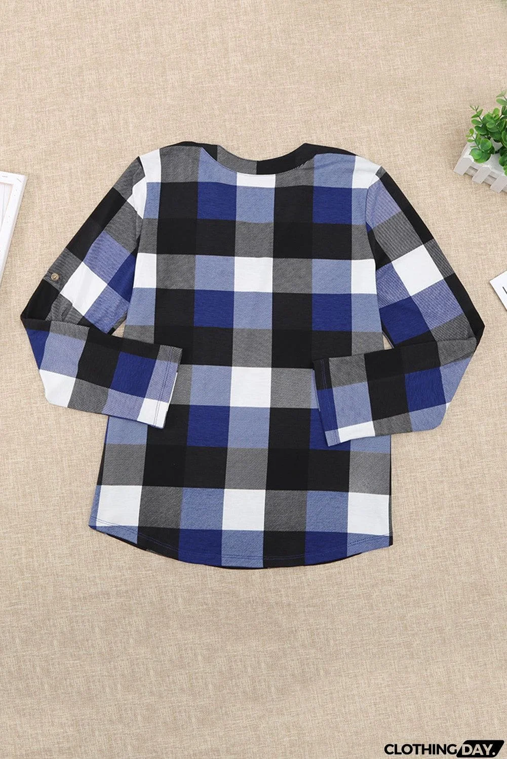 Contrast Plaid V Neck Long Sleeve Top