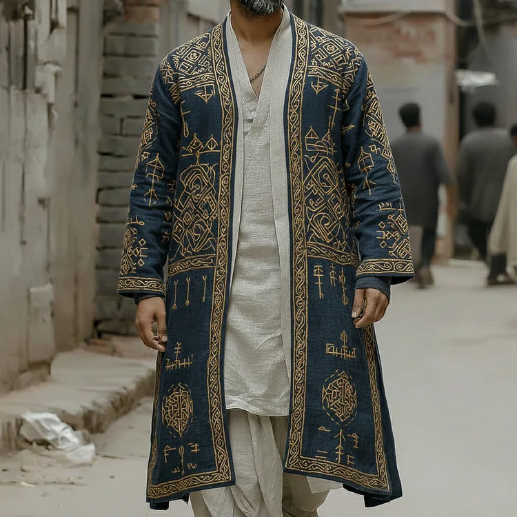 Men's Retro Viking Kelp Print Casual Blended Long Cardigan