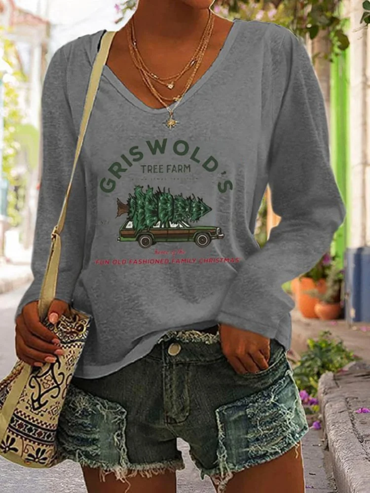 Griswold Christmas Print Casual V Neck T Shirt