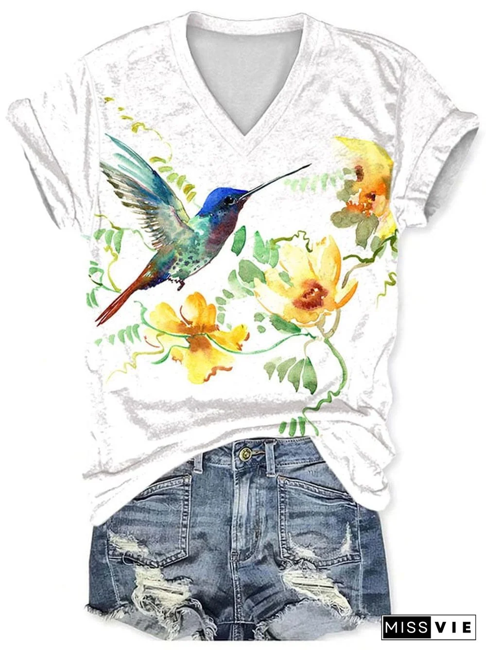 V-neck Hummingbird Yellow Flower Print T-Shirt