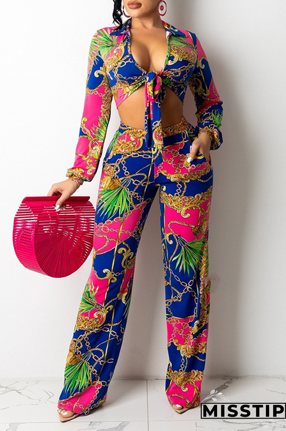 Rose Red Sexy Print Patchwork V Neck Long Sleeve Two Pieces