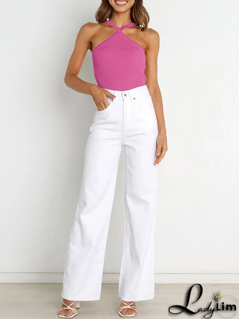 Skinny Sleeveless Solid Color Halter-Neck Vest Top