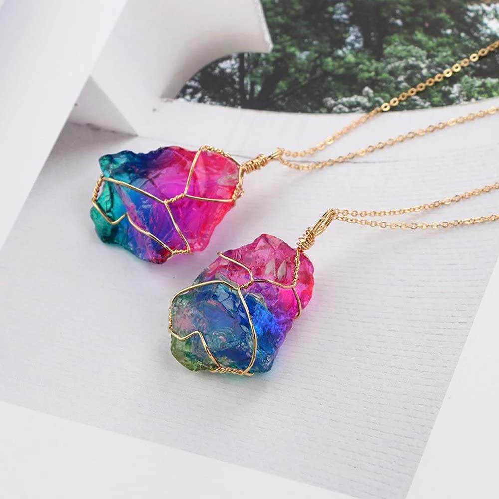 Natural Rainbow Stone Healing Irregular Crystal Rock Pendant Necklace