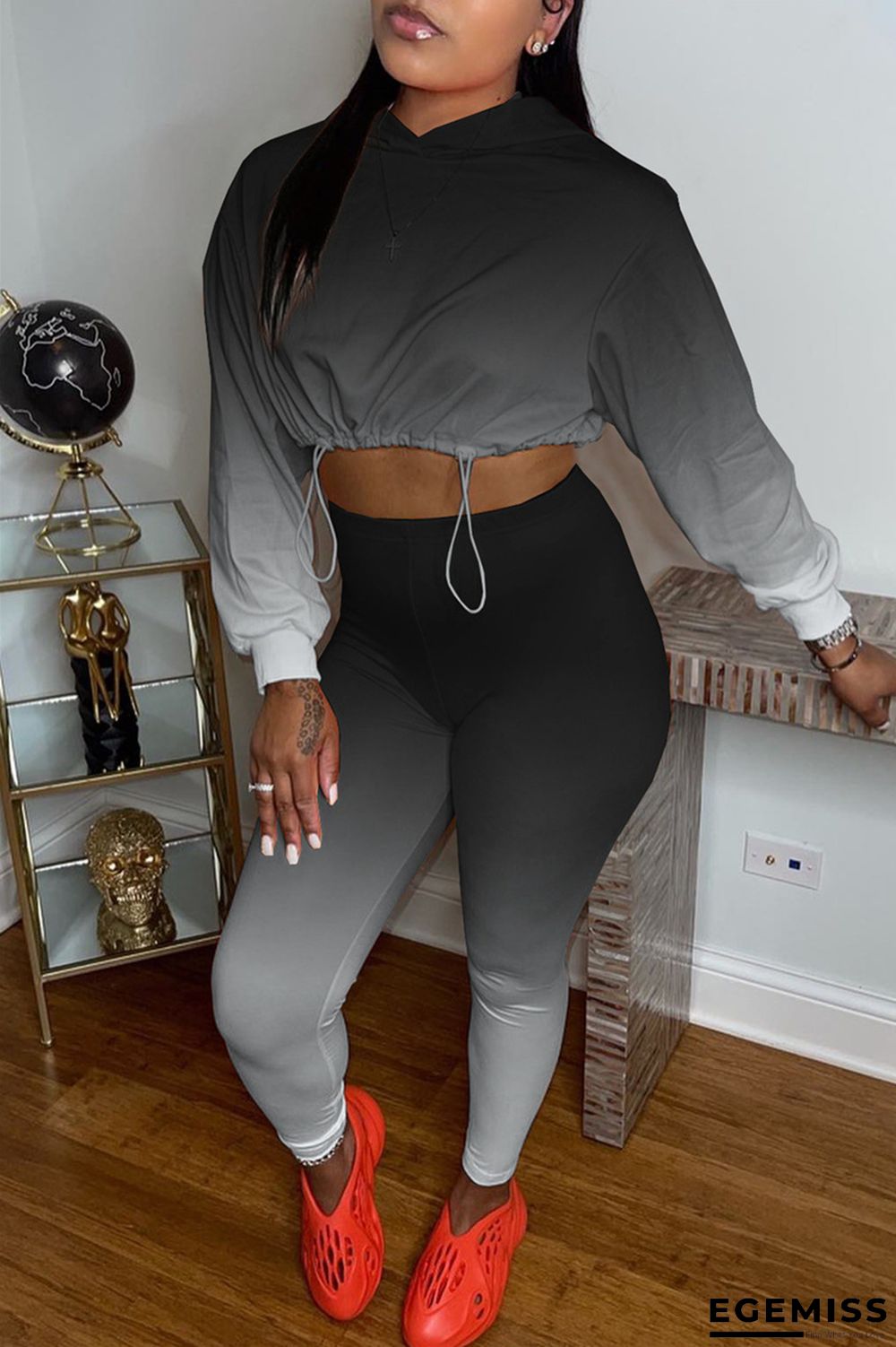 Black Fashion Casual Gradual Change Print Basic Hooded Collar Long Sleeve Two Pieces | EGEMISS