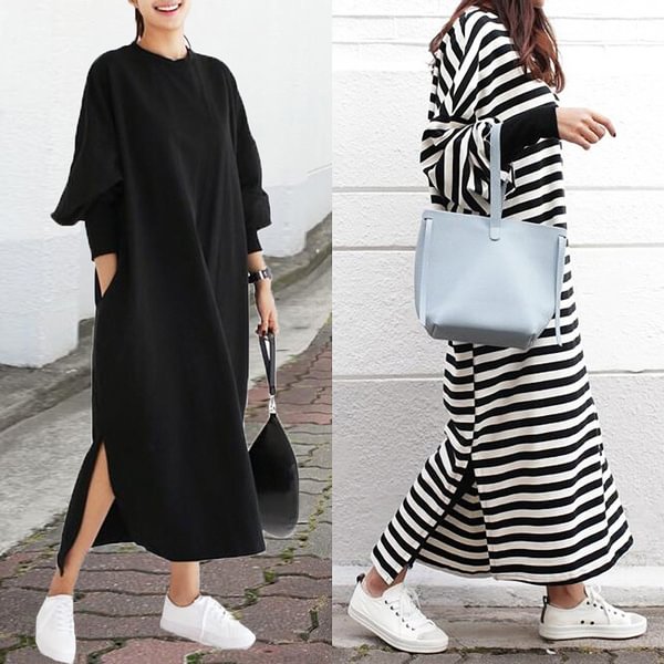 Women Oversized Striped Batwing Sleeve Tunic Baggy Long Maxi Split Dress Kaftan - Chicaggo