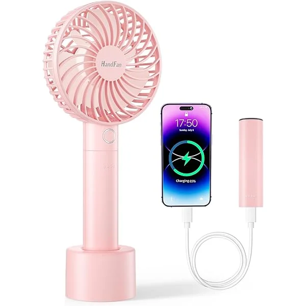 HandFan Upgraded Versatile Mini Portable Handheld Fan with Portable Charger/Charging Base, Rechargeable Personal Hand Fans for Women, Lash Fan for Desk, Makeup Office Travel Outdoors(Pink) A-Pink