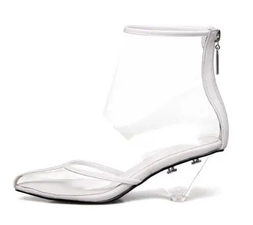 VCSHOES Hot Women Black White PVC Transparent Spike Heels Pointed Toe Hollow Zipper Back Ankle Boots Lady Shallow Party Sandals Shoes