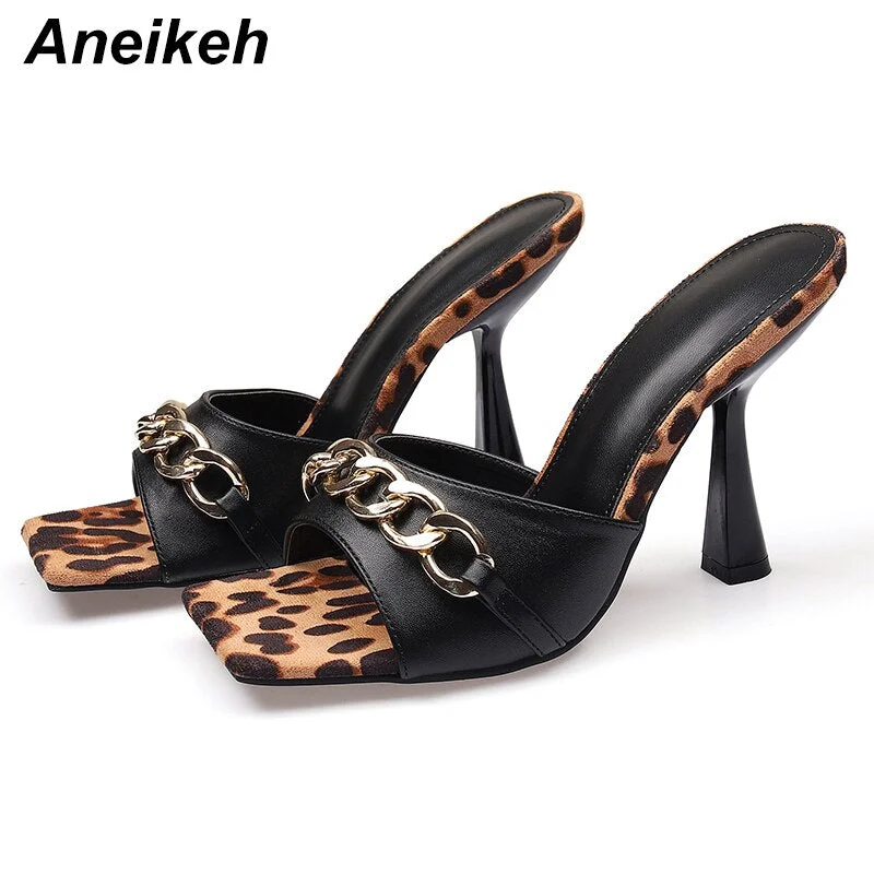 Aneikeh Fashion Femmes Chaussures Serpentine Metal Decoratio High Heels Square Toe Shallow PU Patchwork 2021 Summer Women Shoes