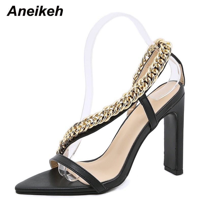 Aneikeh Summer Fashion PU Metal Chain Women's High Sandals 2022 NEW Sewing Platform Heigh Square Heels Buckle Strap Shallow Sexy