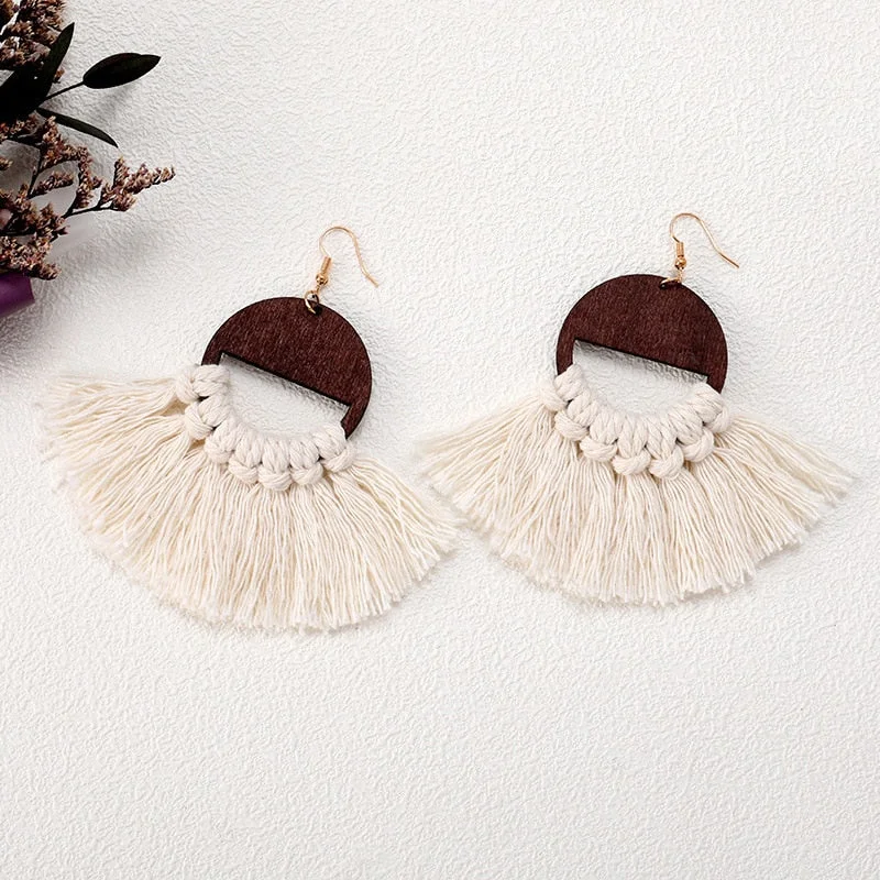 Dvacaman 2020 New Design Bohemian Leaf Shape Tassel Earrings For Women Fashion Weave Macrame Cotton Thread Earrings Drop Jewelry