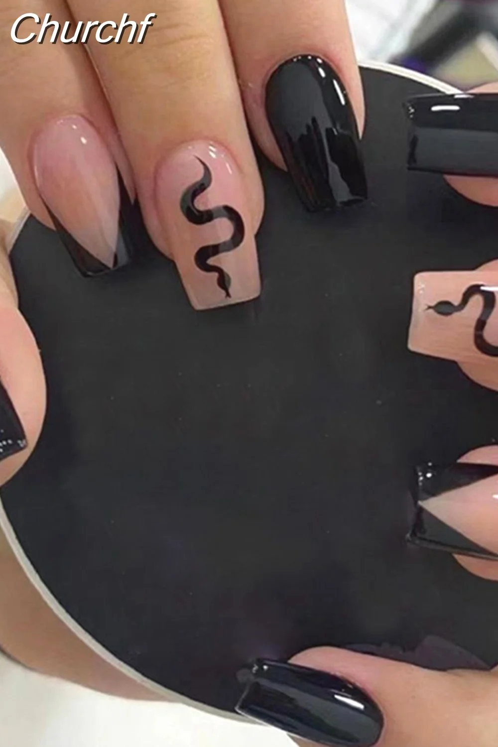 Churchf Wave Line Short Ballet French False Nails With Flower design Square Head Fake Nail Tips Simple Wearable Press On Nails-Nail Inspo