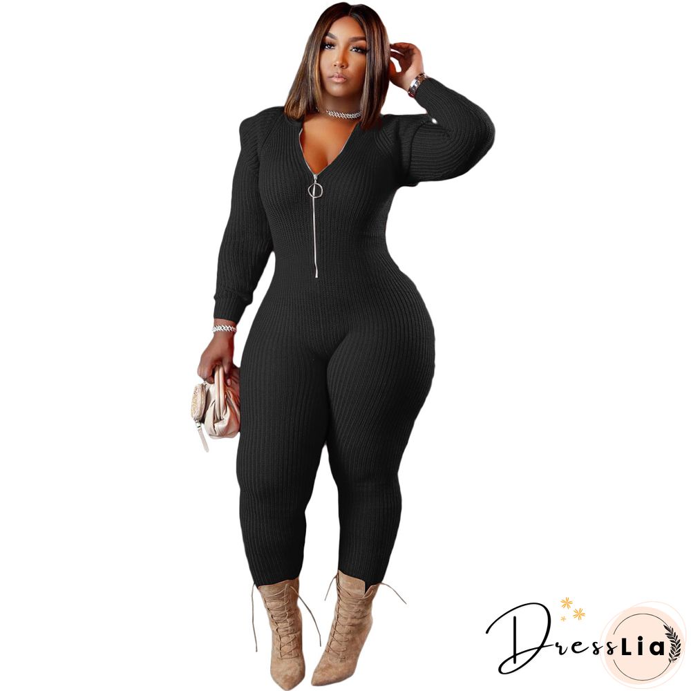 Knitted Long Sleeve Shoulder Padded Hooded Jumpsuit