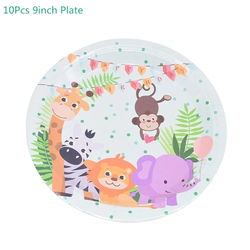 Safari Party Cartoon Animal Disposable Tableware Paper Cup Plate Tablecloth Kids Birthday Party Decoration Jungle Party Supplies