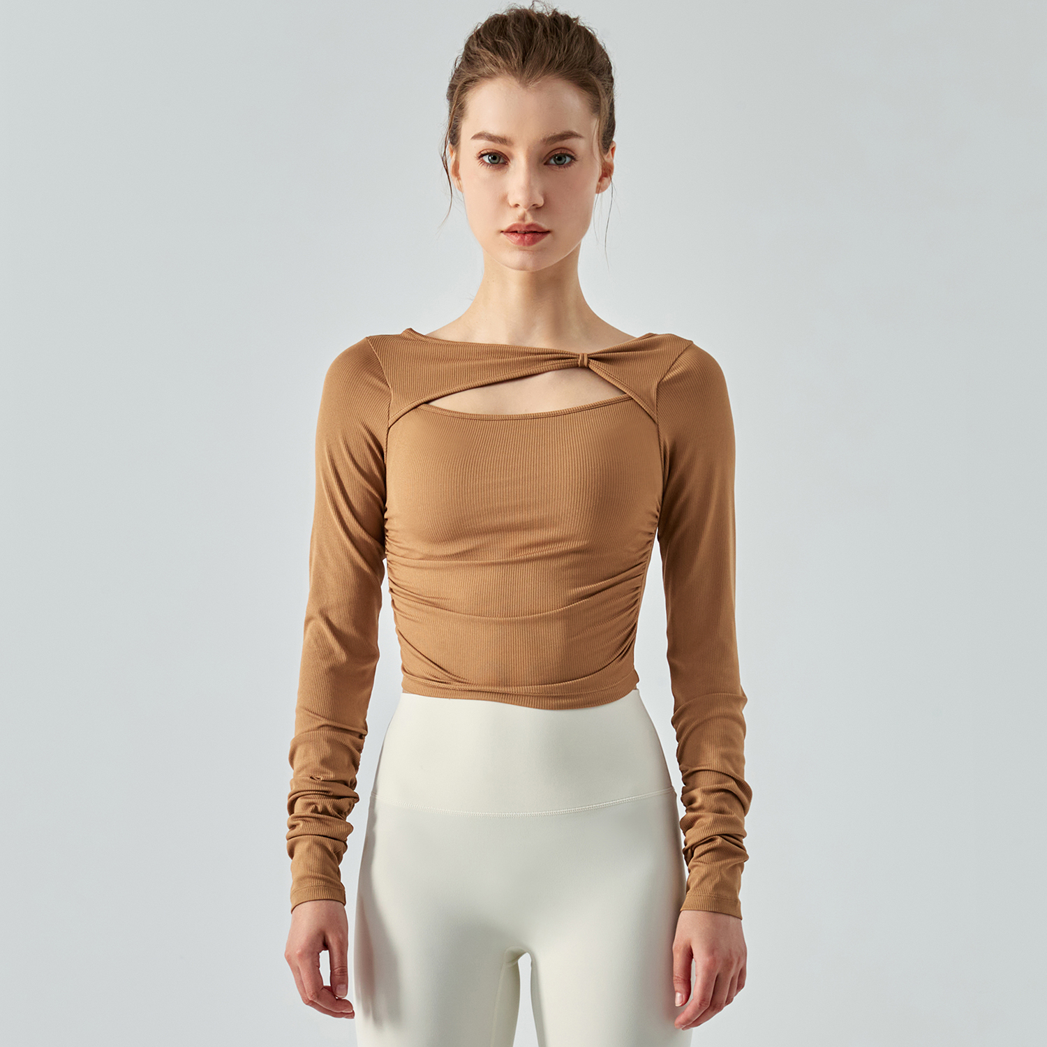 Buy Oatmeal Brown breathable long sleeve sports athletic shirt ribbed cropped top of high quality on Hergymclothing 