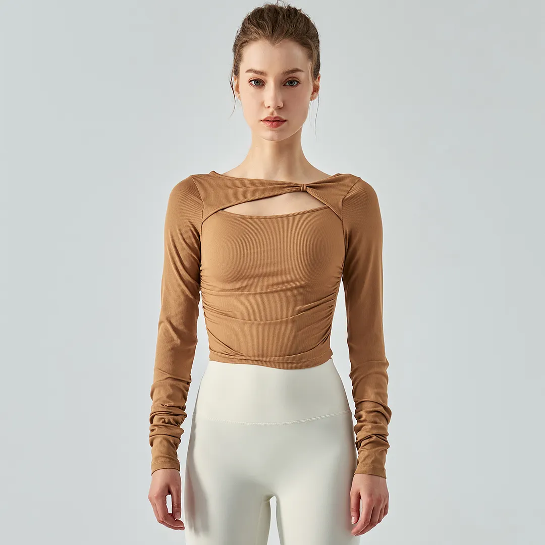 Buy Oatmeal Brown breathable long sleeve sports athletic shirt ribbed cropped top of high quality on Hergymclothing 