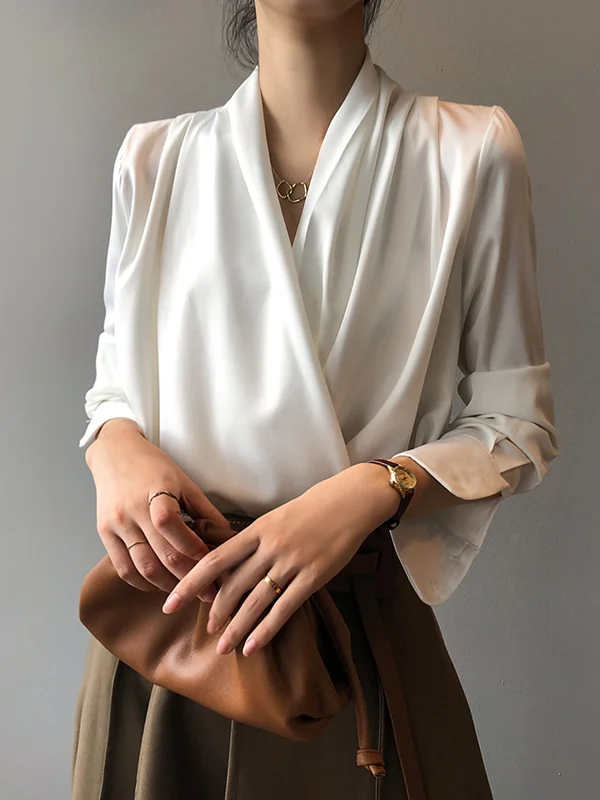 Original Chic Pure Color Pleated V-Neck Long Sleeves Blouse