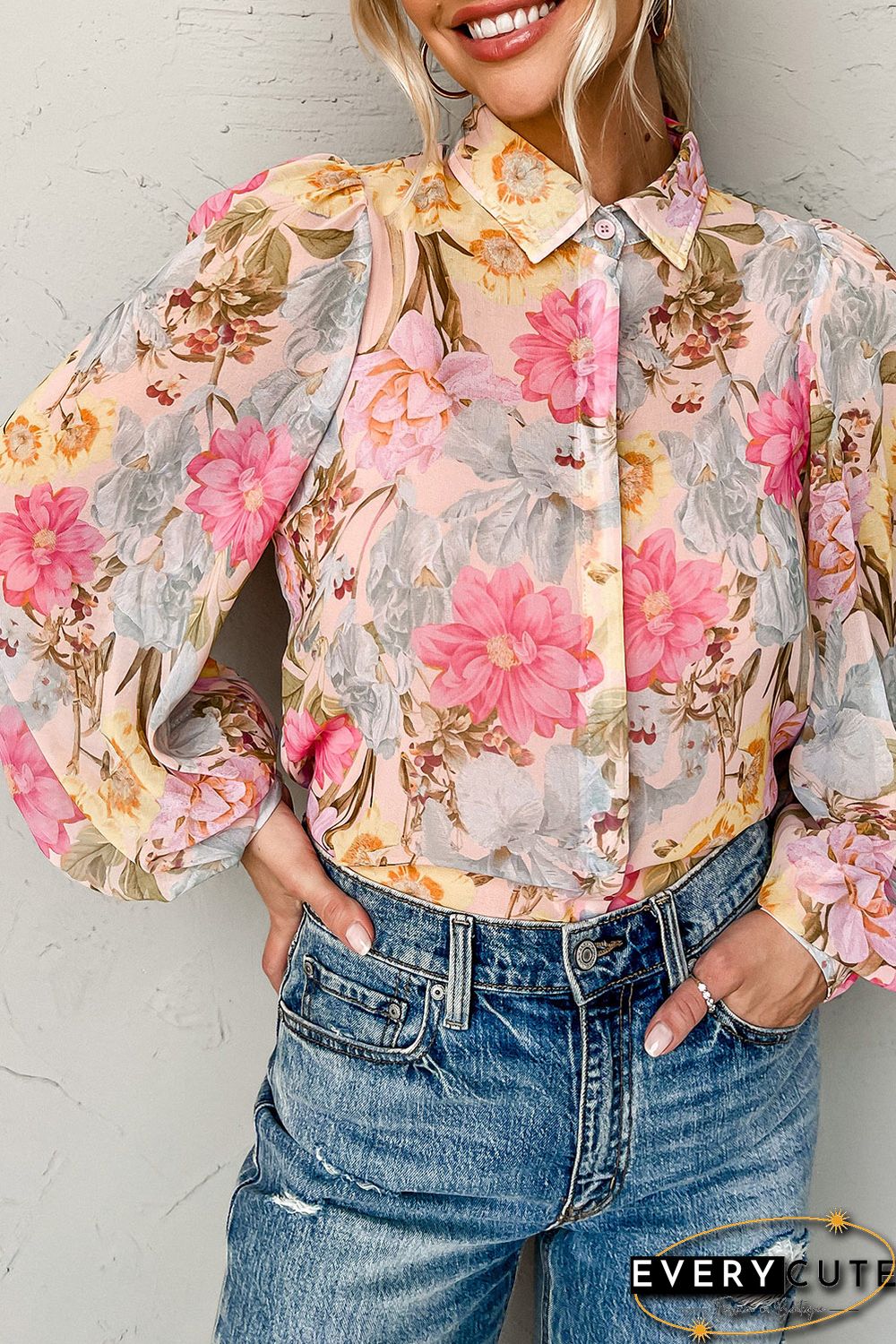 Pink All Floral Puff Sleeve Collared Shirt
