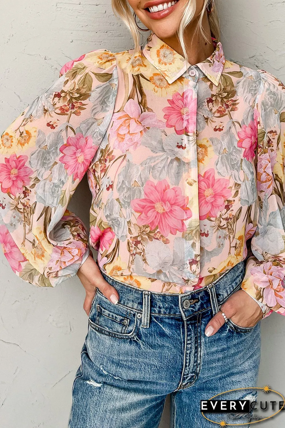 Pink All Floral Puff Sleeve Collared Shirt
