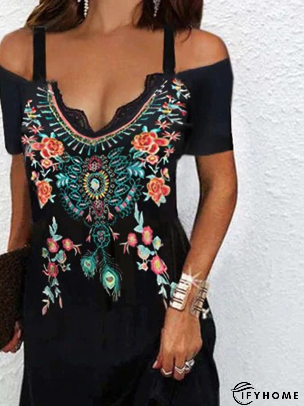 Ethnic V Neck Lace Cold Shoulder Casual A-Line Dress | IFYHOME