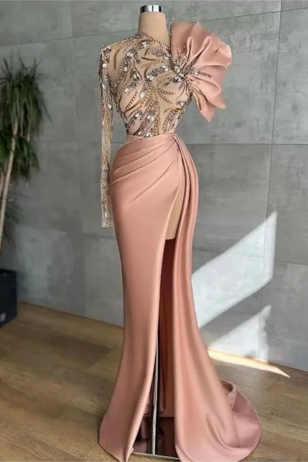 Lvs&Broner Long Sleeves Long Mermaid Prom Dress With High Split Appliques