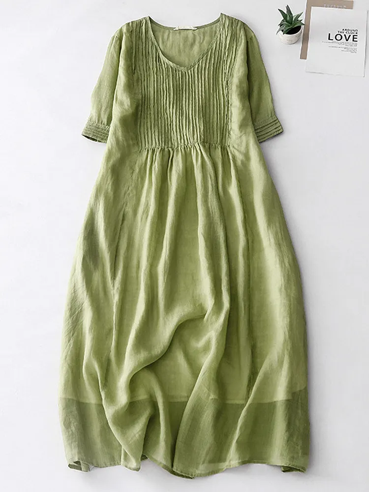 Women's Solid Color Vintage Crew Neck Short Sleeves Accordion Pleated Casual Linen Dress